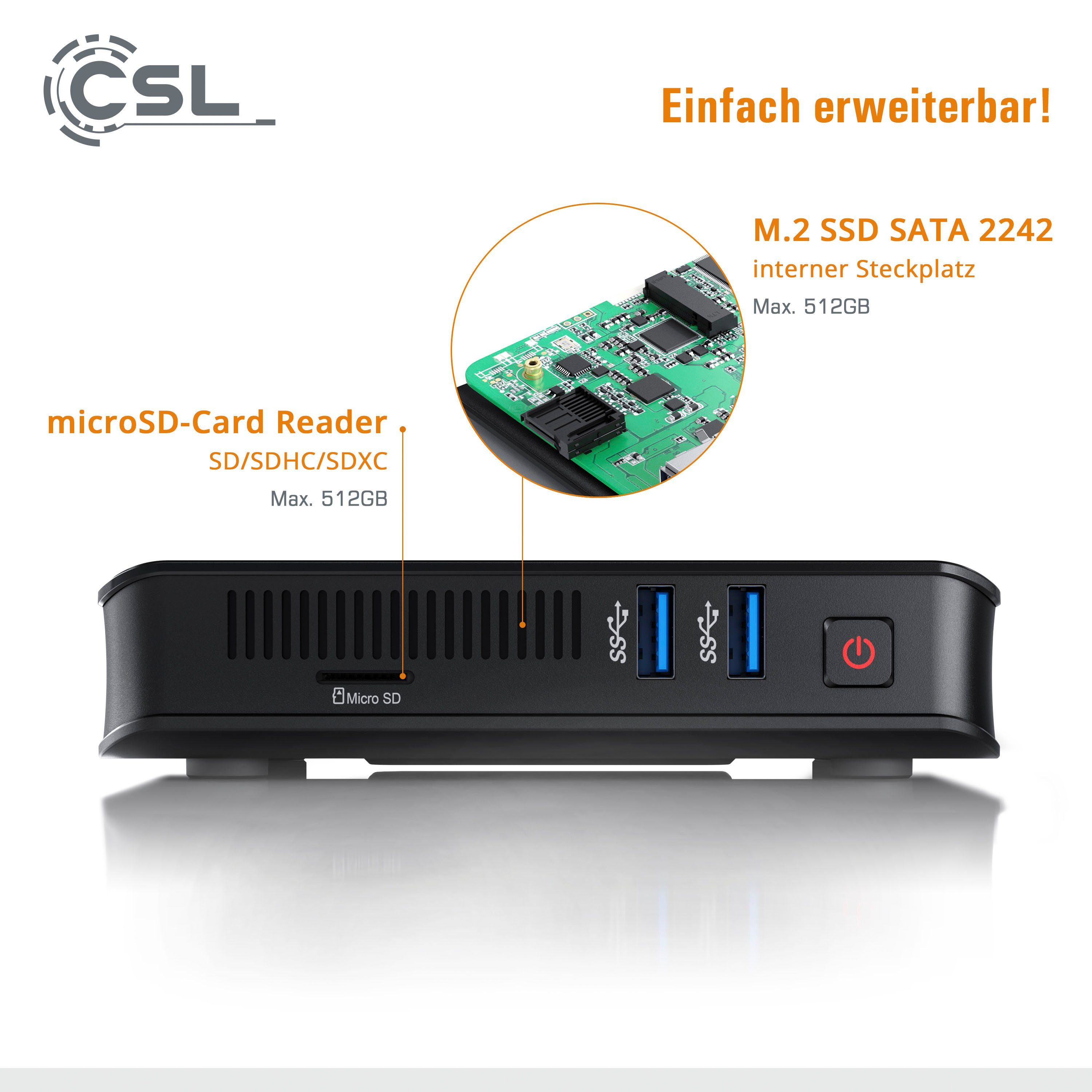 CSL Narrow Box Ultra HD Compact v4 / 512GB M.2 SSD/ Win 10 Mini-PC (Intel Celeron N4120, UHD Graphics 600, 4 GB RAM, passiver CPU-Kühler)