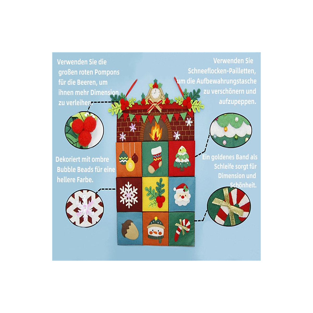 Warme Weihnachtskamin-Aufbewahrungstasche, DIY-Materialpaket Tasche aus handgefertigtem Vliesstoff für Kinder zum Aufhängen, Dekoration, Spielzeugmaterial