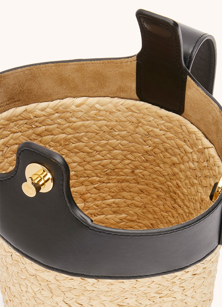 Geantă de umăr LOEWE Pebble Bucket Mini din rafie cu detalii din piele de vițel