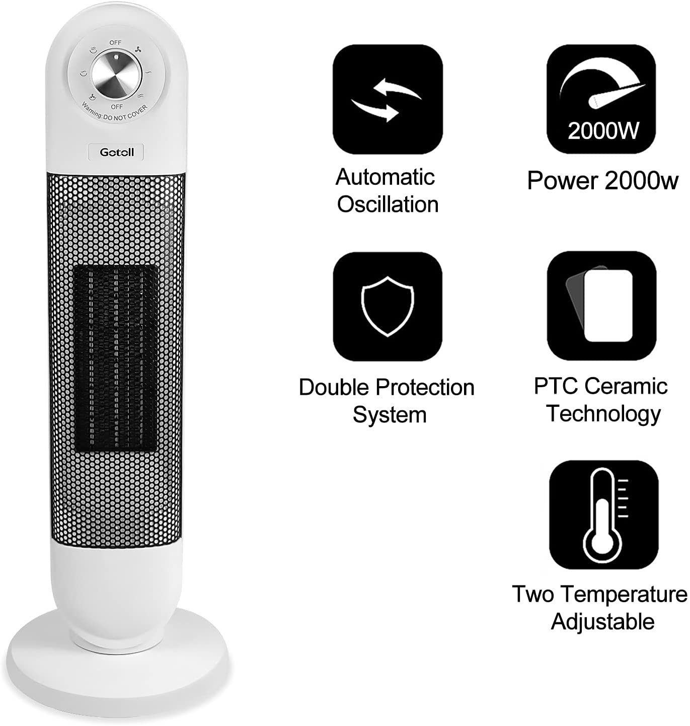 Gotoll Heizlüfter GL2001, 2000w Heizgerät Keramikheizgerät,Turmheizlüfter, Heater