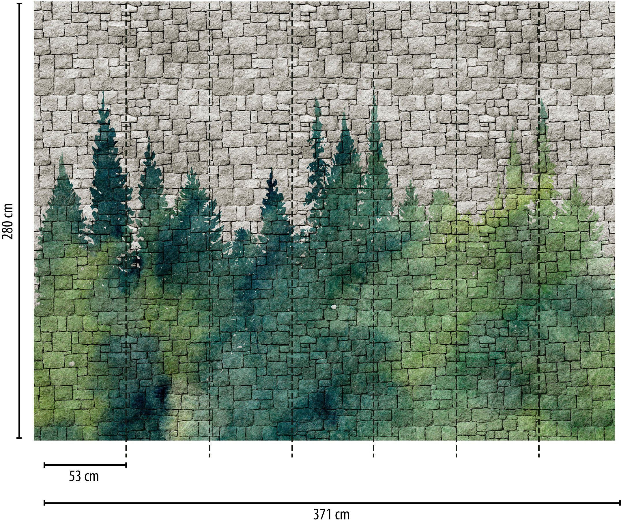 living walls Fototapete The Wall, glatt, Motiv, Steinoptik, Wald, Fototapete Wald Tapete Steinoptik Grün Grau