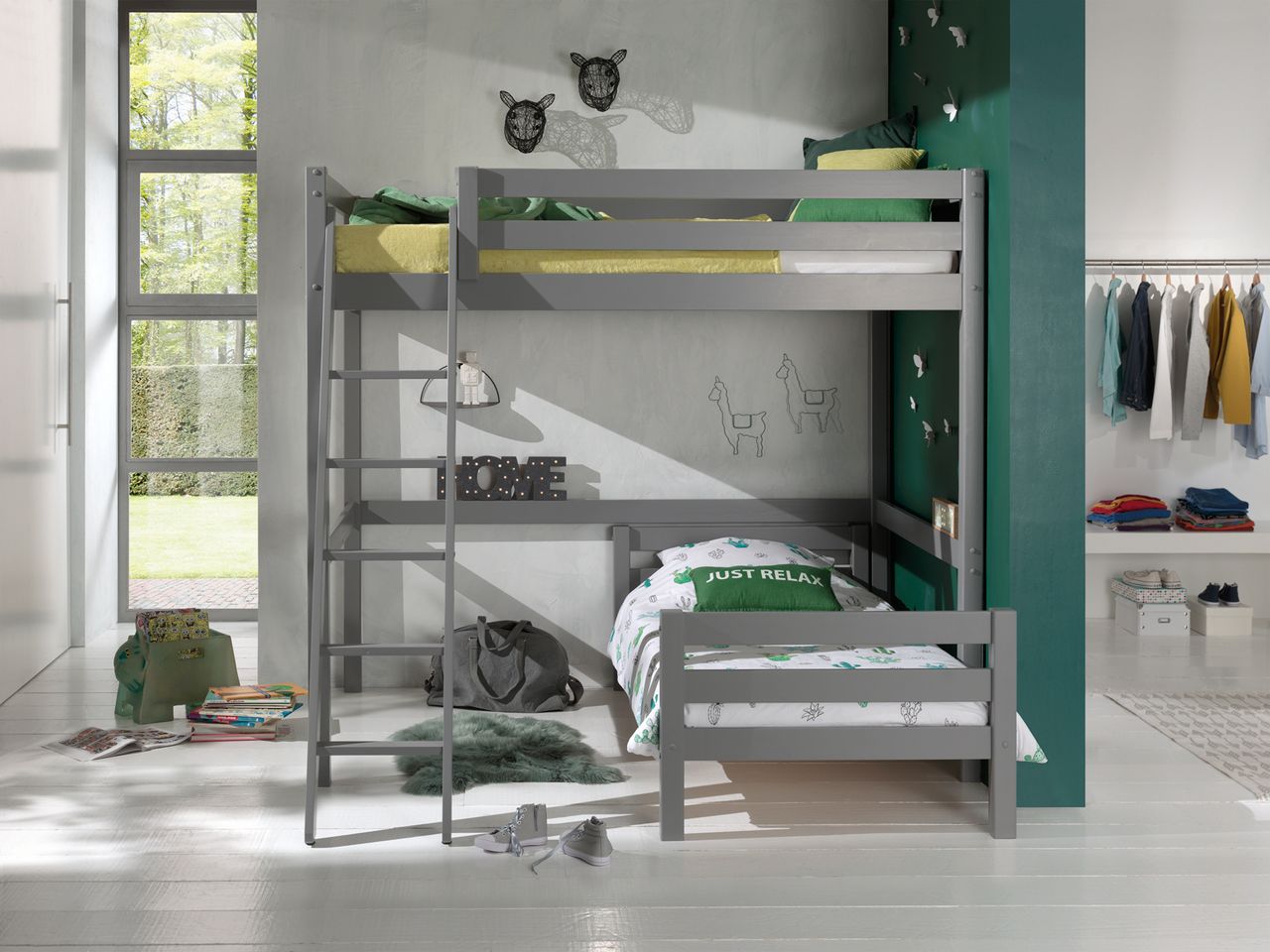 VIPACK Winkel Hochbett mit 2 Liegeflächen 90/140 x 200 cm, Ausf. grau lackiert