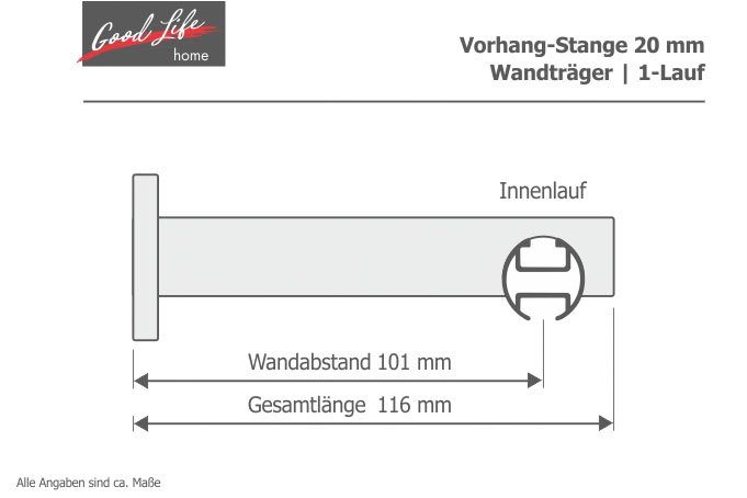 Innenlaufschiene Bola, Good Life, Ø 20 mm, 1-läufig, Fixmaß, mit Bohren, verschraubt, Aluminium, Metall