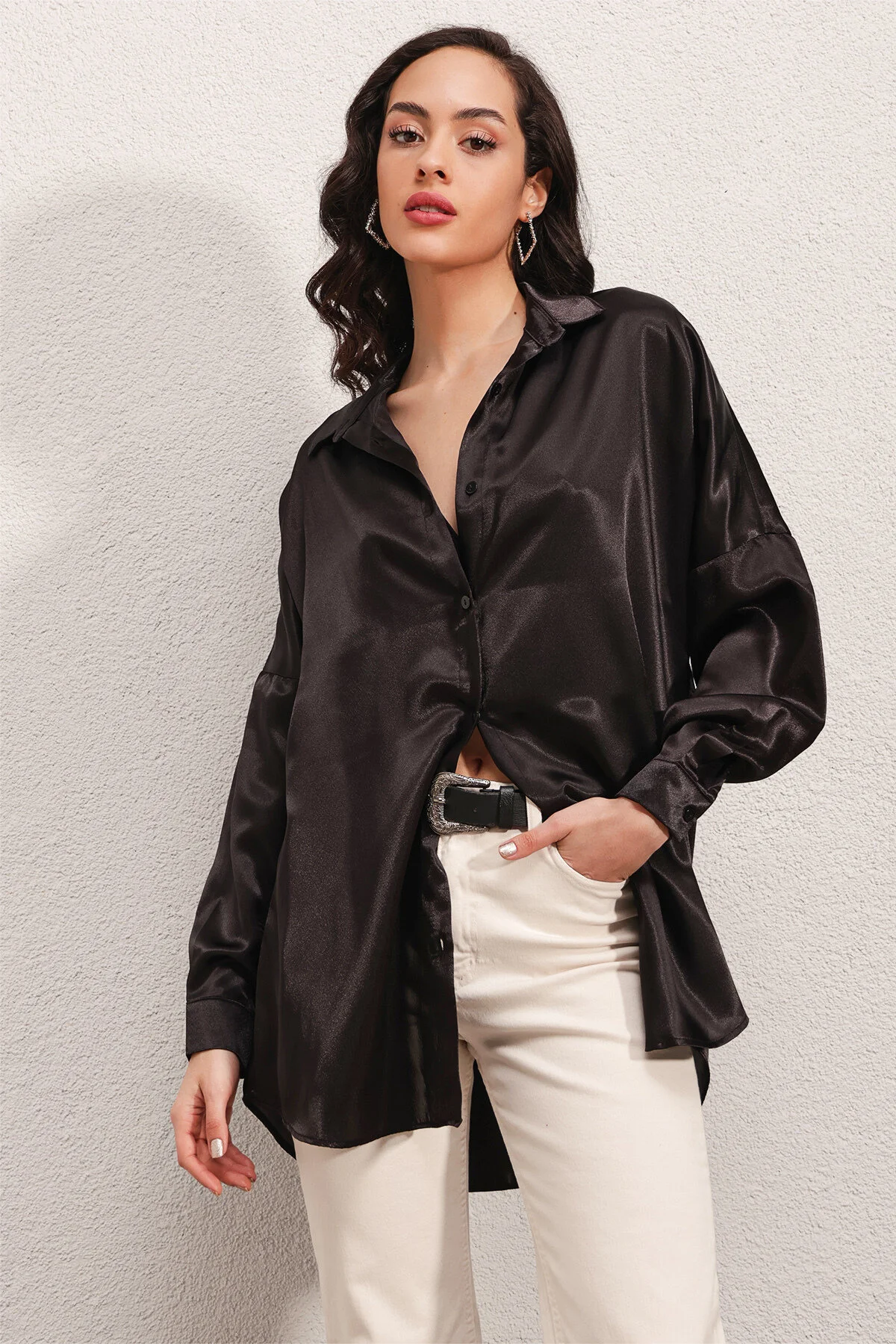 Bigdart  3985 Oversize-Satinhemd – Schwarz