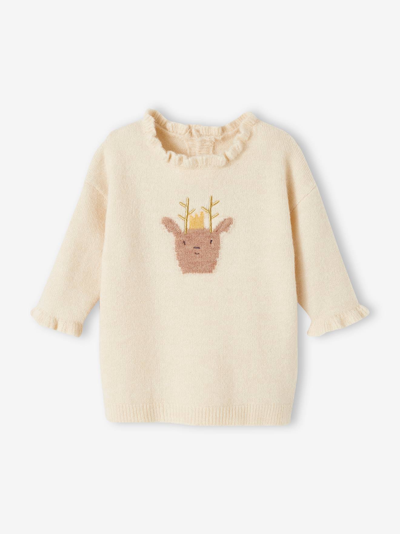 Vertbaudet Mädchen Baby Weihnachts-Set: Strickkleid & Strumpfhose - wollweiß