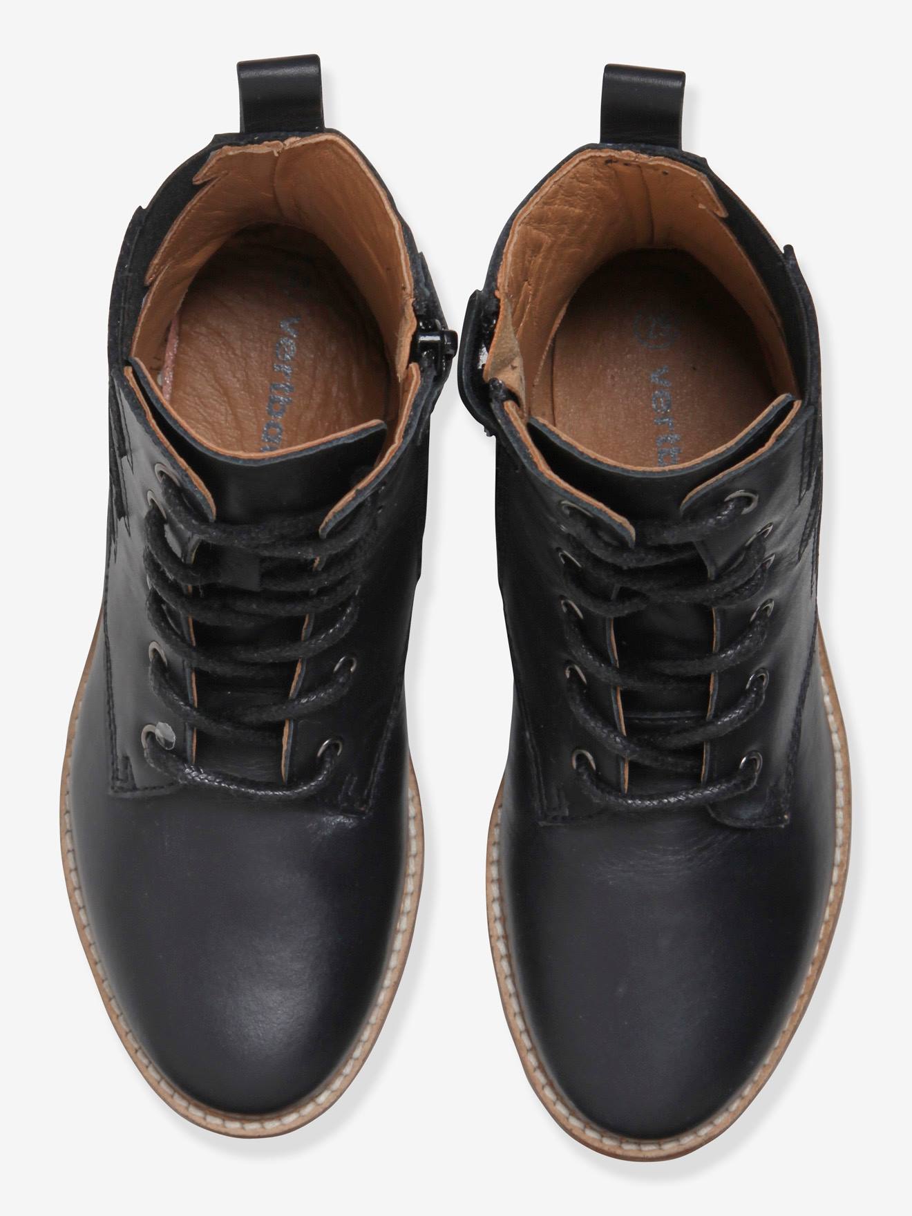 Bottines hautes lacées et zippées en cuir fille noir