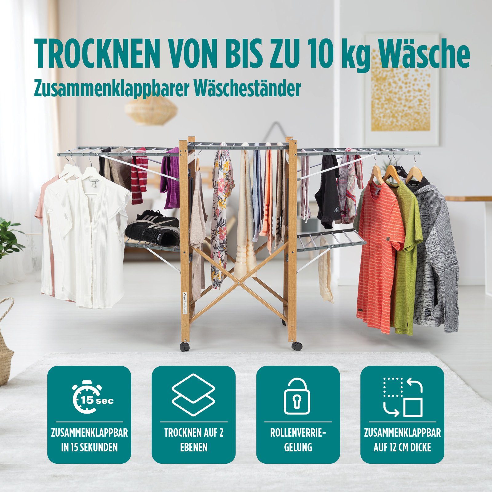 Vitapur Wäscheständer Wäscheständer Standtrockner im Holzoptik Mobile mit Rollen