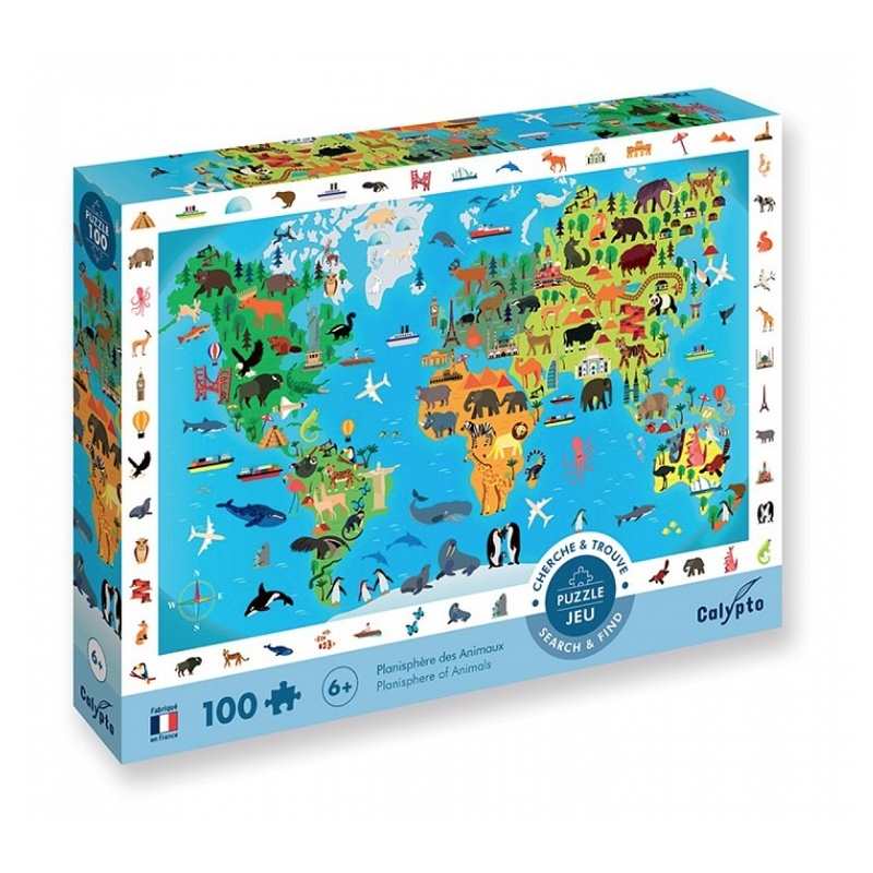 Puzzle Planisphère des animaux, Cherche et trouve 100 pièces
