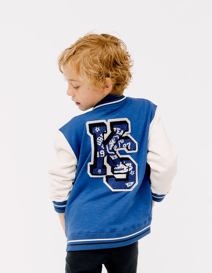 Cardigan-teddy bleu et écru maxi broderie dos garçon