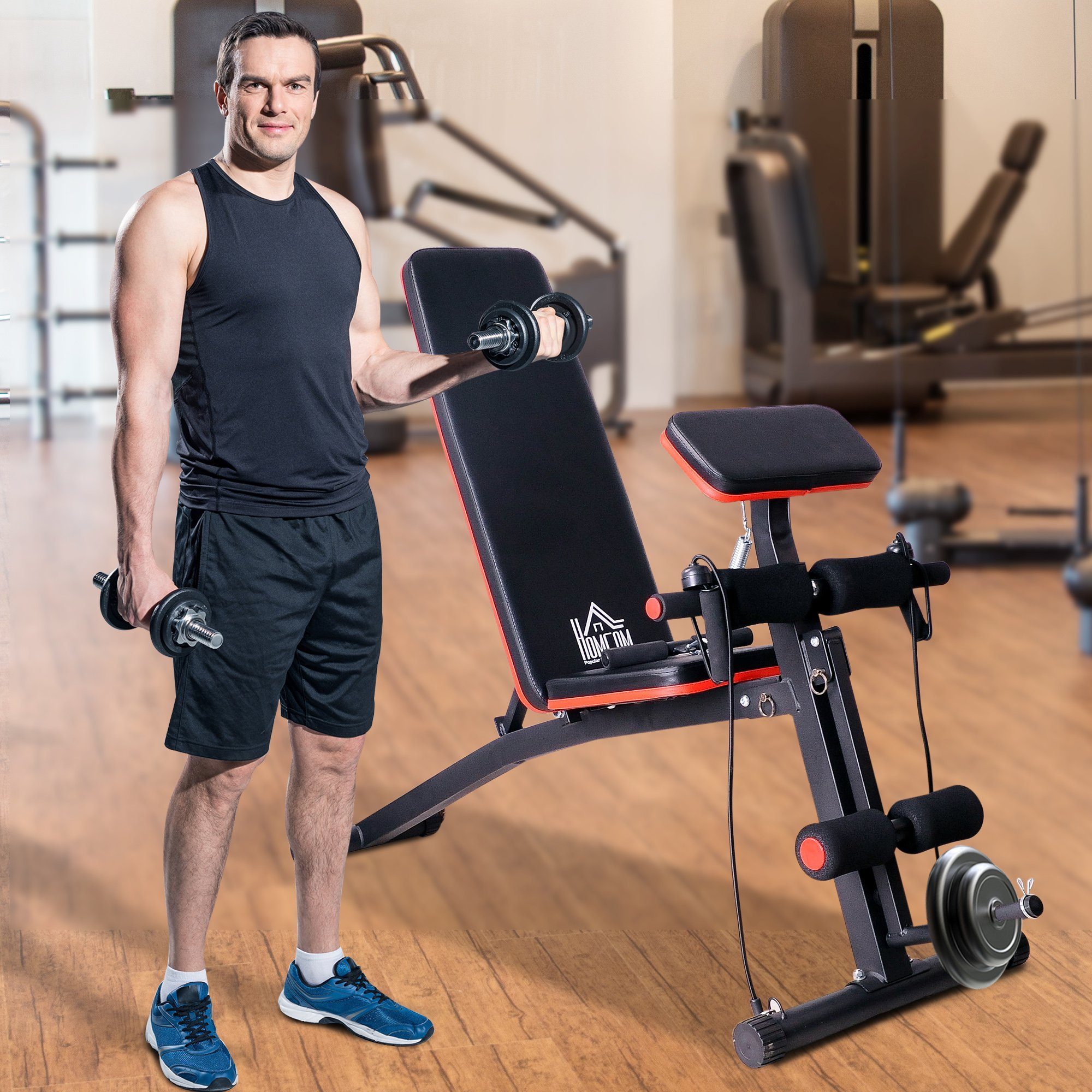 HOMCOM Hantelbank Multifunktion Kraftstation Trainingsbank Gewicht bis 120kg, (Set, 1-tlg., mit Feder Booster), 7-fach verstellbare Rückenlehne