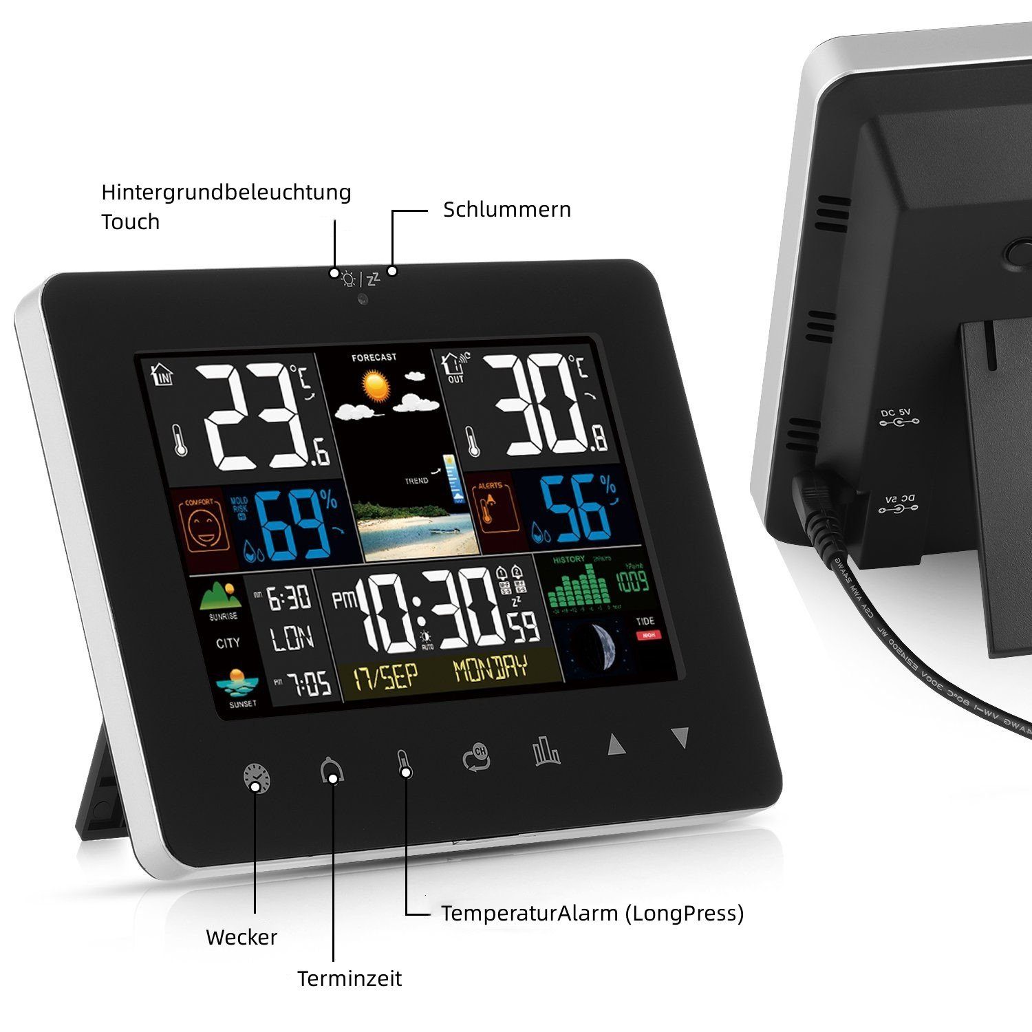 LETGOSPT Funkwetterstation mit Außensensor, Funk Wetterstationmit Kalender Funkwetterstation (Kalender Thermometer Hygrometer Farbdisplay)