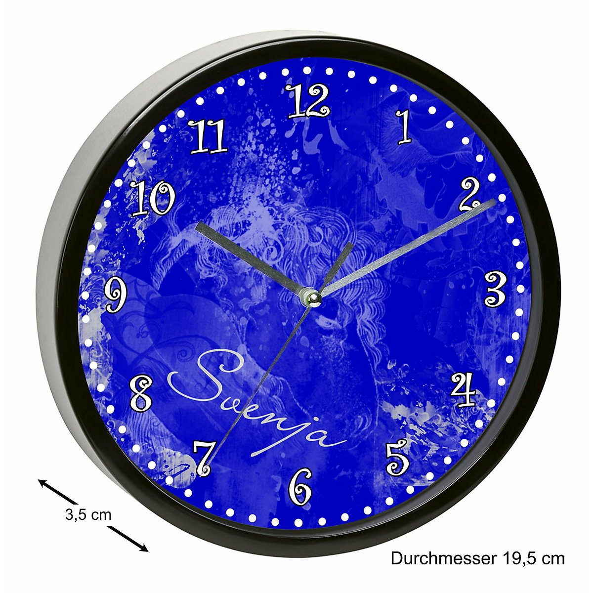 Kinder Wanduhr laufruhig personalisiert mit Name Traum Blau