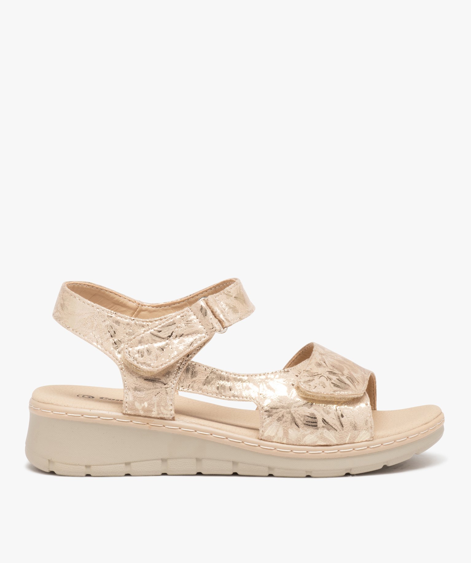 Sandales femme confort en tissu brillant et à scratch beige | GEMO