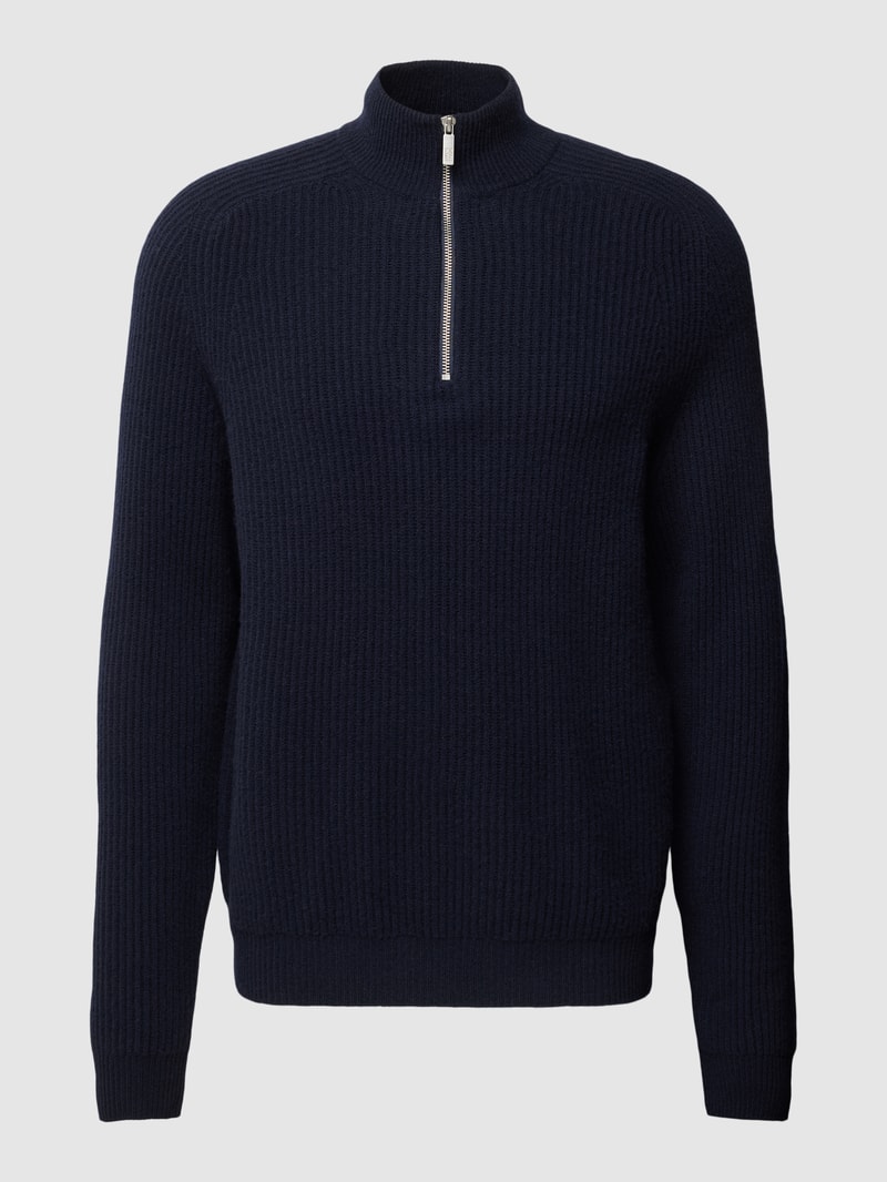 Strickpullover aus Schurwolle mit Stehkragen in marineblau