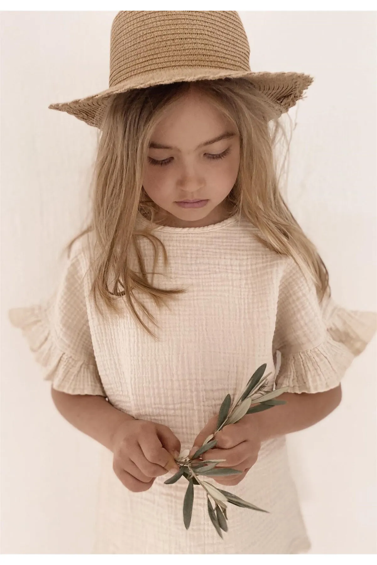 Cigit  Set mit übergroßer böhmischer Bluse und langem Rock aus Bio-Musselin, 2–8 Jahre, Creme