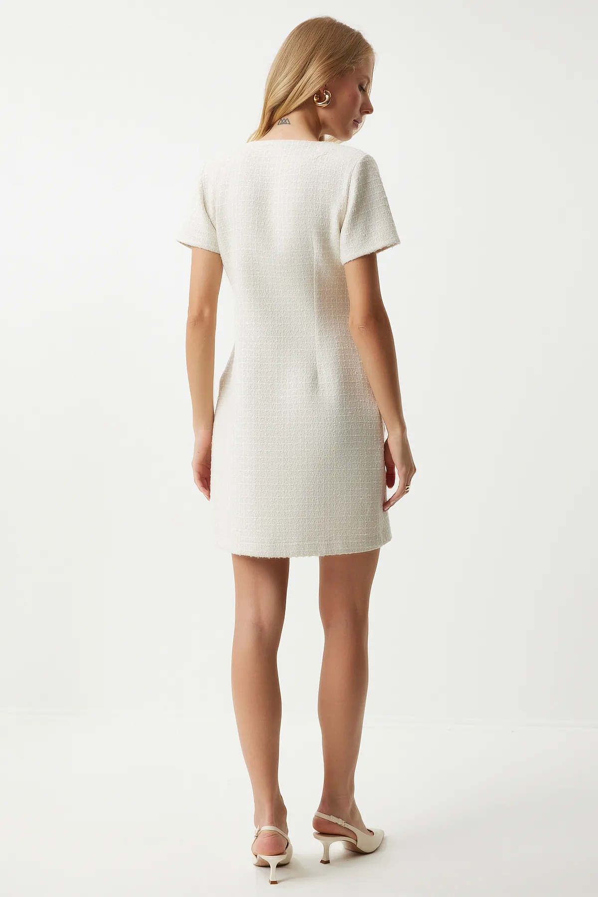 Happiness İstanbul  Geknöpftes Mini-Tweedkleid mit Knochentaschen für Damen KJ00009