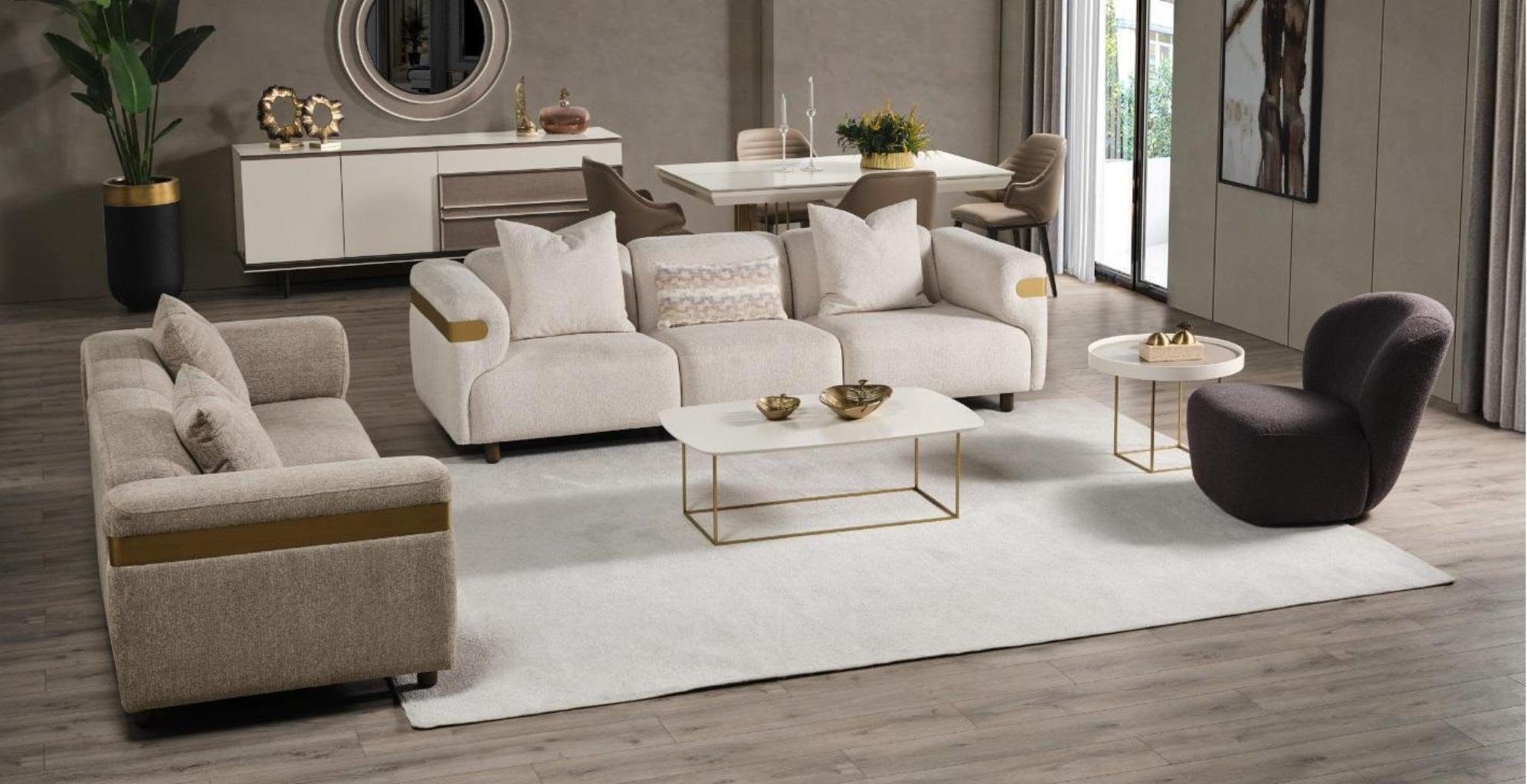 JVmoebel Wohnzimmer-Set Moderne Beige Sofagarnitur 4+3 Sitzer + Sessel Wohnzimmer Luxus, (3-St., Sofa 4 Sitzer, Sofa 3 Sitzer, Sessel), Made in Europa