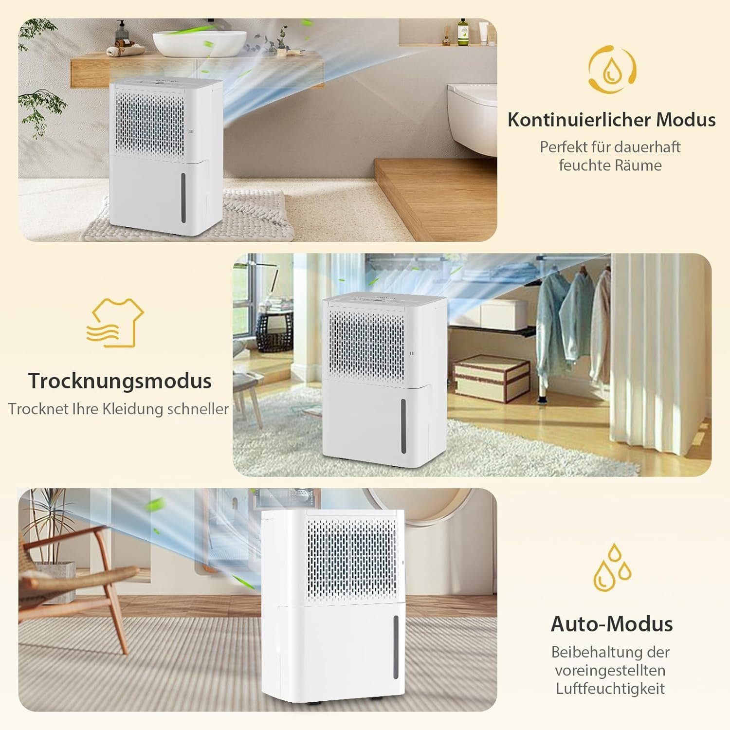 KOMFOTTEU Luftentfeuchter, Entfeuchtung 12,00 l/Tag, Tank 2,20 l, mit 3 Modus & 24-Stunden-Timer