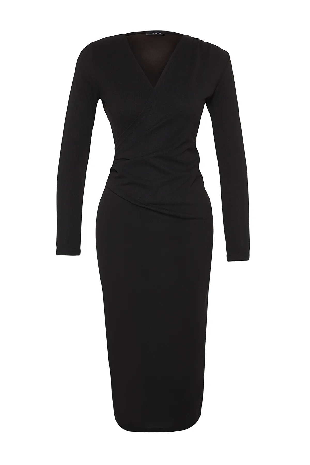 Trendyol Collection  Schwarzes, zweireihiges Midi-Strickkleid mit Kragen und langen Ärmeln und detailliertem, tailliertem Schnitt TWOAW24EL00826