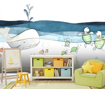 wandmotiv24 Fototapete Kinderzimmer Wasser Wal Schildkröte, glatt, Wandtapete, Motivtapete, matt, Vliestapete
