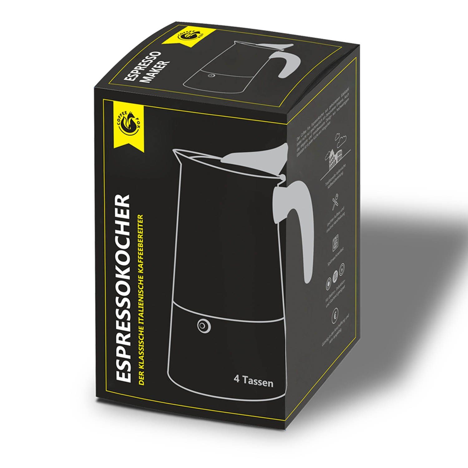 Coffee Fox Espressokocher Kaffeebereiter Kaffeekocher, Espresso-Kanne aus Edelstahl