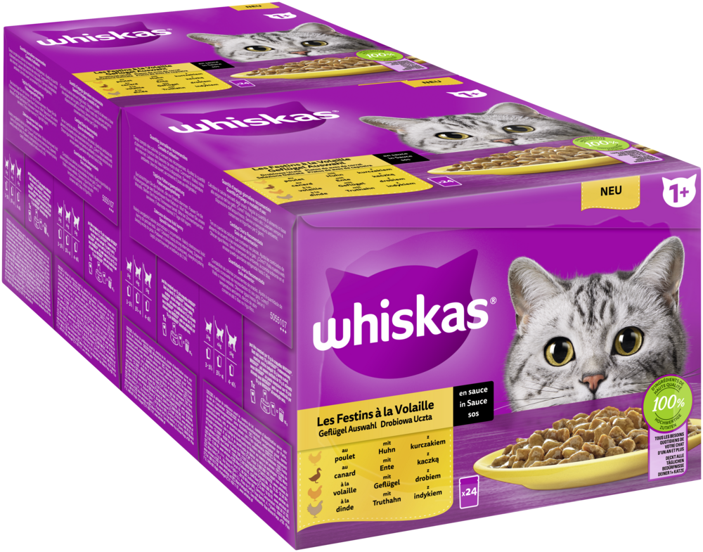 Whiskas Portionsbeutel Multipack Vorratspack 1  Geflügel Auswahl in Sauce 24 x 85g