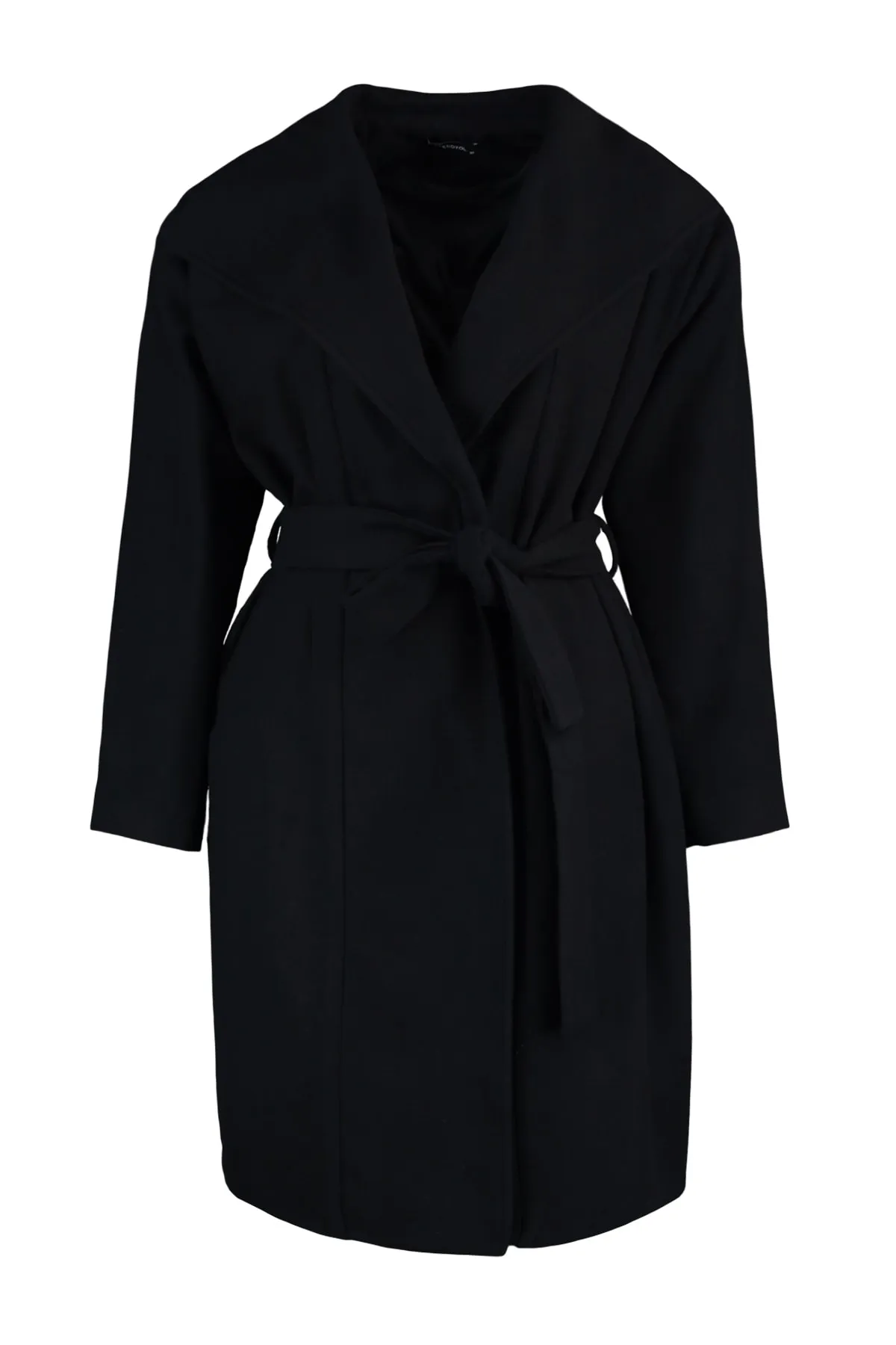 Trendyol Curve  Schwarzer Oversize-Kaschmirmantel mit breitem Kragen und Gürtel TBBAW23KB00001