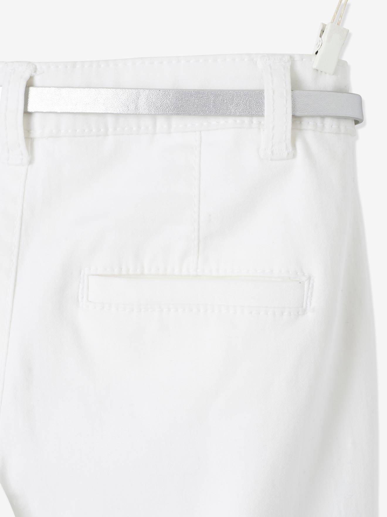 Pantalon chino fille en satin de coton et sa ceinture irisée blanc