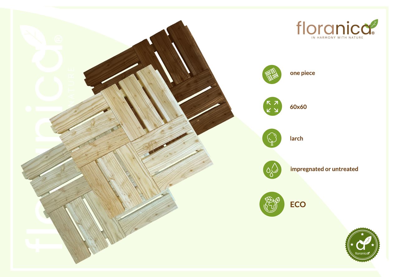 Pemicont Floranica Terrassenmosaik aus Holz 1 Stück 60x60 cm Gartenfliesen Lärche Farbe braun Terrassenbelag Terrasse Balkon Gartenbelag Gartenfliesen Imprägniert EU-Produkt
