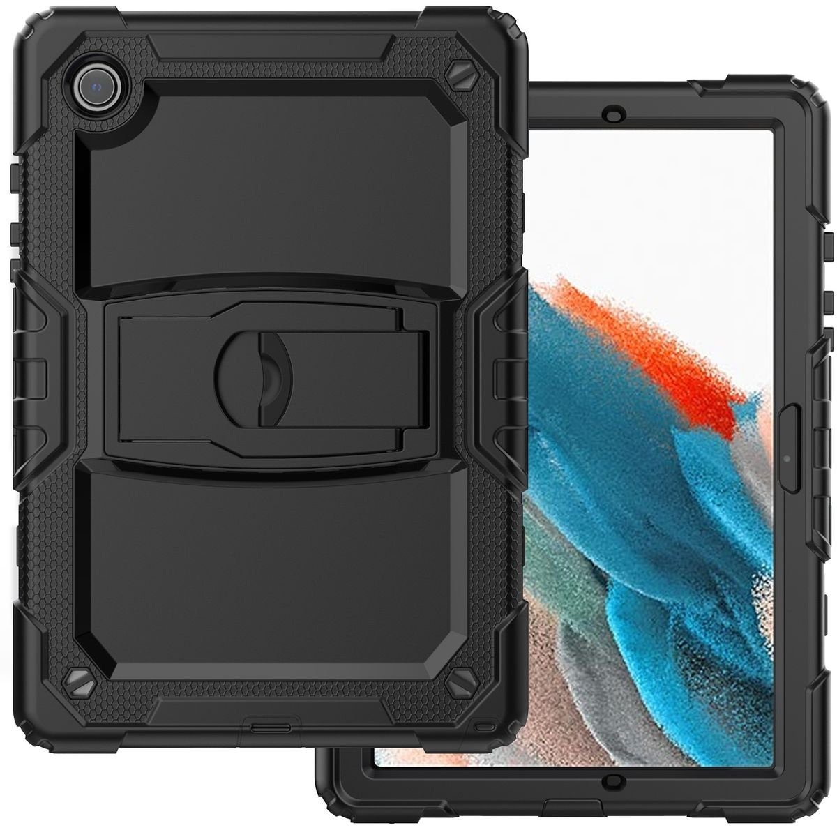 Wigento Tablet-Hülle Für Samsung Galaxy Tab A8 10.5 2021 X200 / X205 aufstellbare Outdoor Hybrid Schwarz mit Trage Gurt Tablet Tasche Etuis Cover Case Schutz Robust Neu