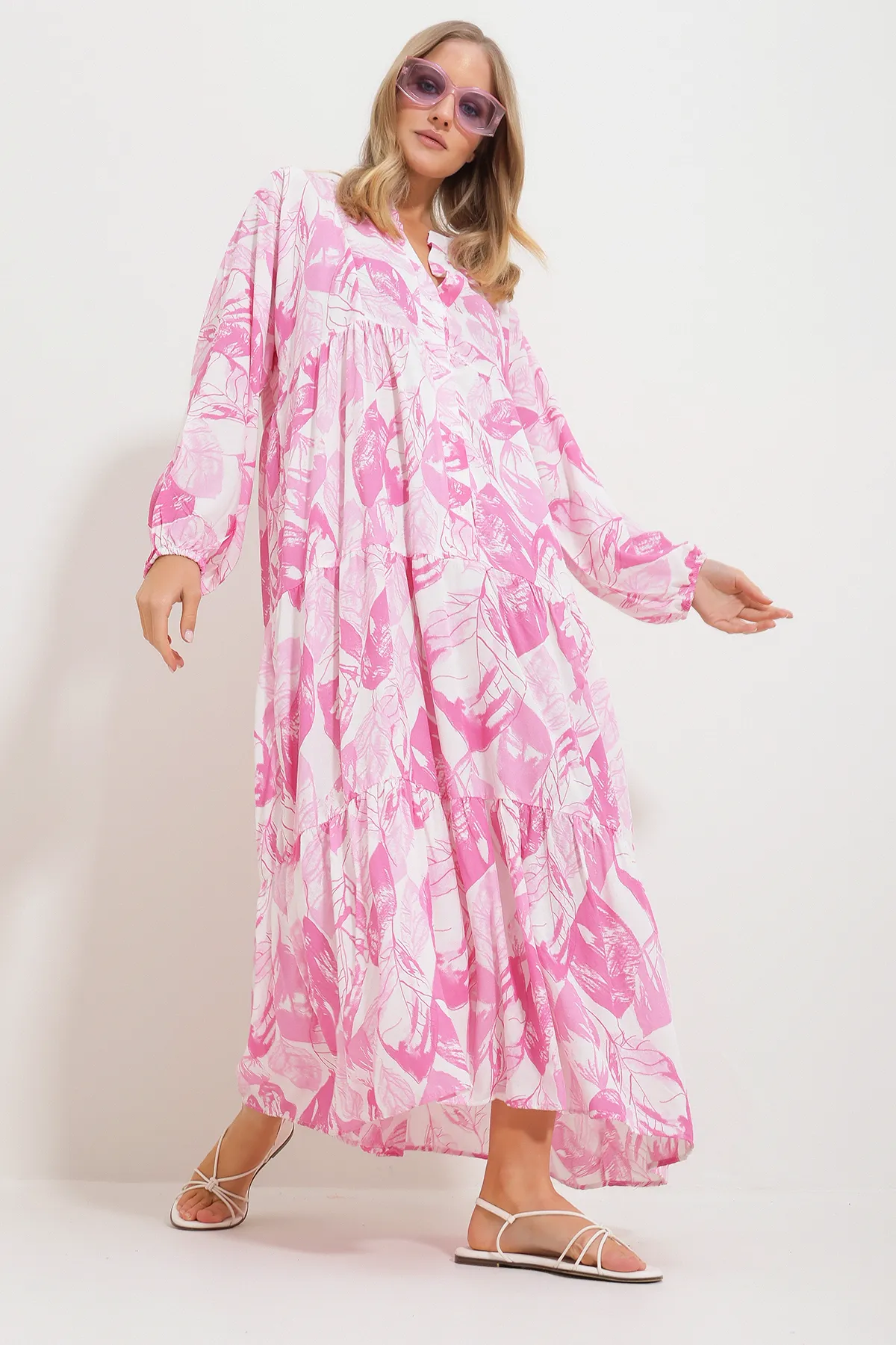 Trend Alaçatı Stili  Rosa Maxikleid mit Schalkragen und Muster für Damen Alc-X11593