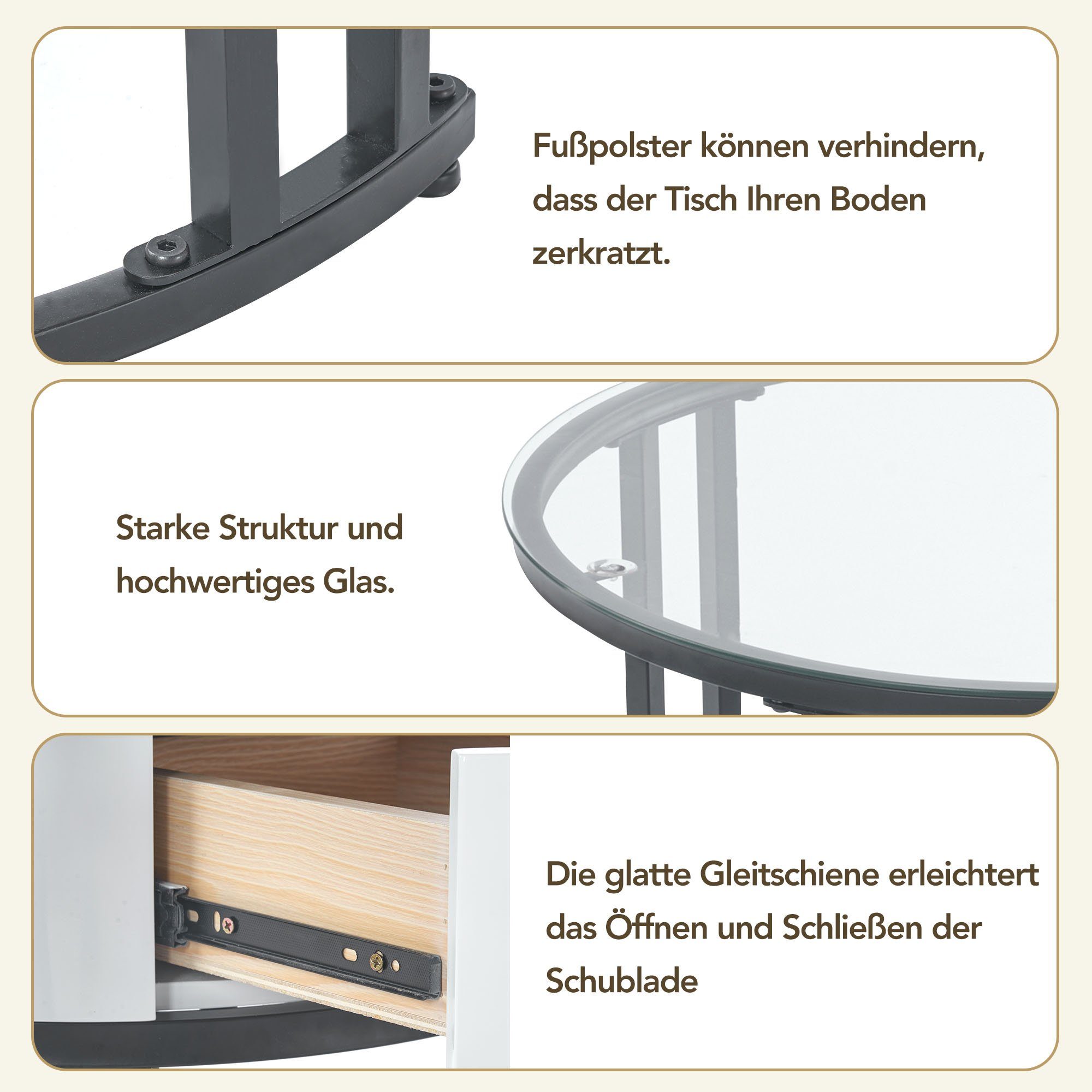 BlingBin Couchtisch Satztisch Beistelltisch (1-St., Elegantes zweiteiliges weißes Couchtisch-Set - Glas), Marmor-Schieferplatte und Massivholzschubladen