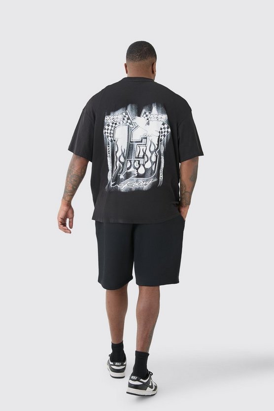 Plus schwarzes Racer T-Shirt mit Print