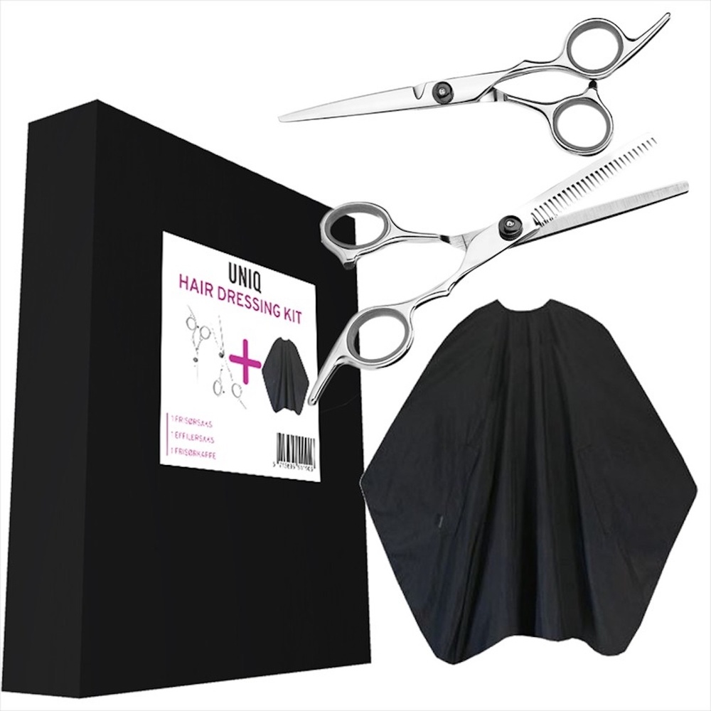 UNIQ Set de coiffure UNIQ avec deux ciseaux et une cape de coiffeur Poils de ciseaux