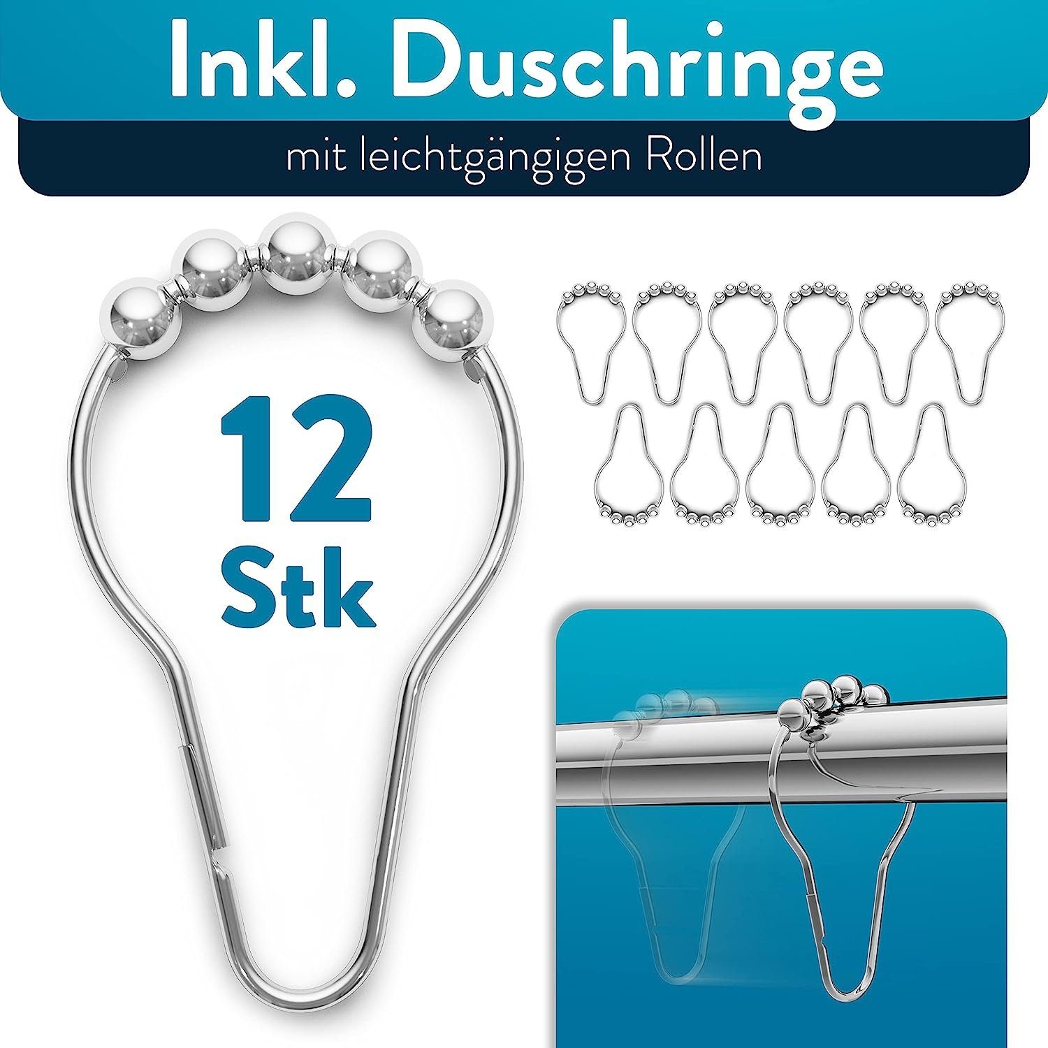 Duschvorhangstange ohne bohren verstellbar 125-220 cm, Benkstein, geklemmt, Passt in jedes Badezimmer - inkl. 12 Duschringe