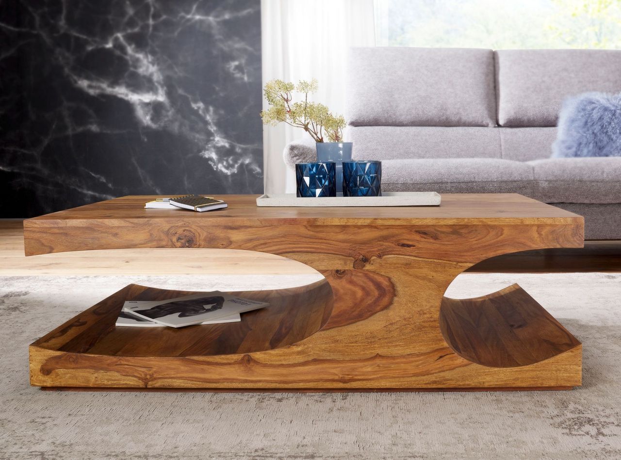 Wohnling Sheesham Massivholz Couchtisch mit Ablagefächern 118 x 70 cm