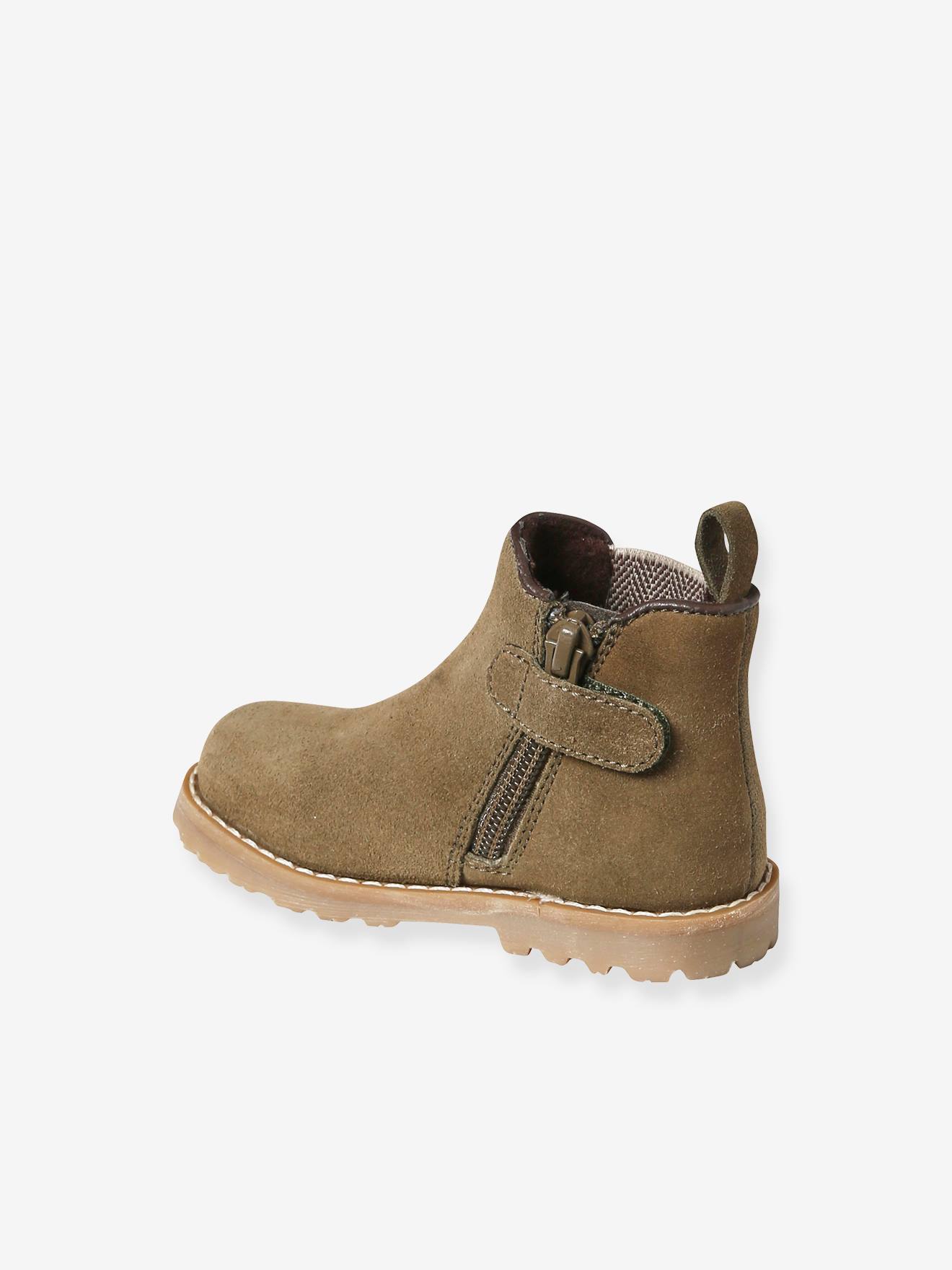 Boots en cuir zippées et élastiquées bébé kaki