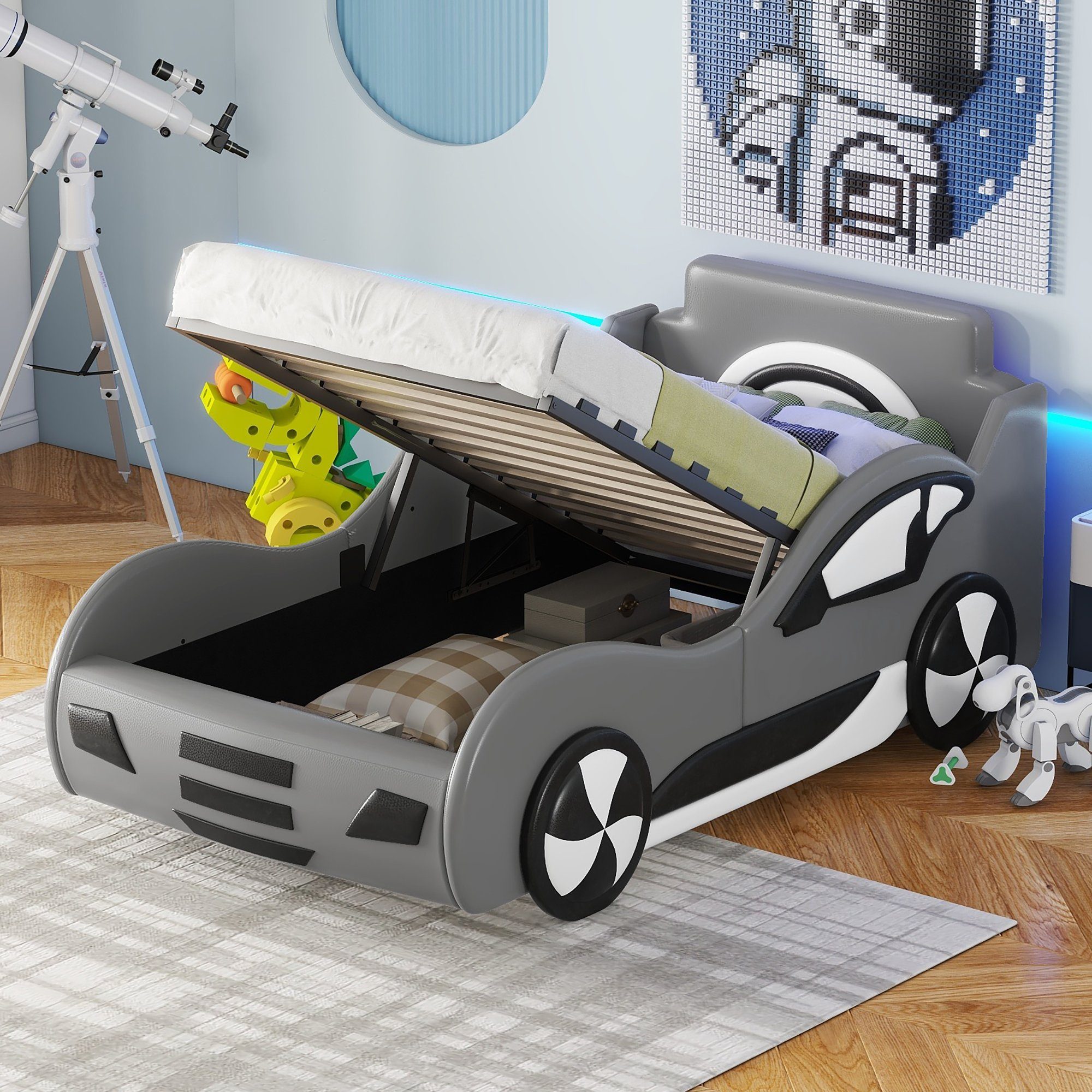 Flieks Autobett, Hydraulisches Kinderbett Spielbett mit Stauraum 90×200cm Kunstleder