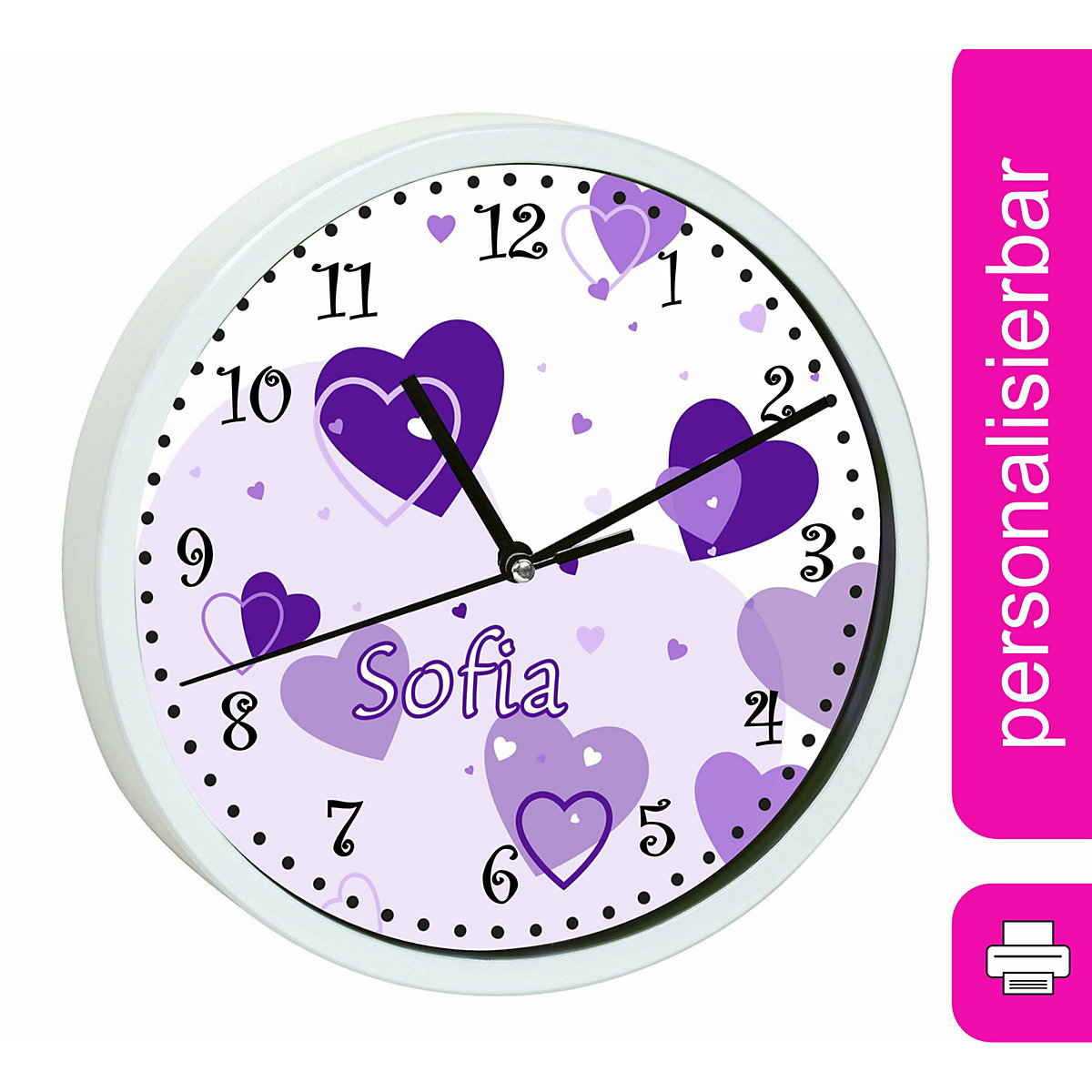 Kinder Wanduhr personalisiert mit Name Herz Lila