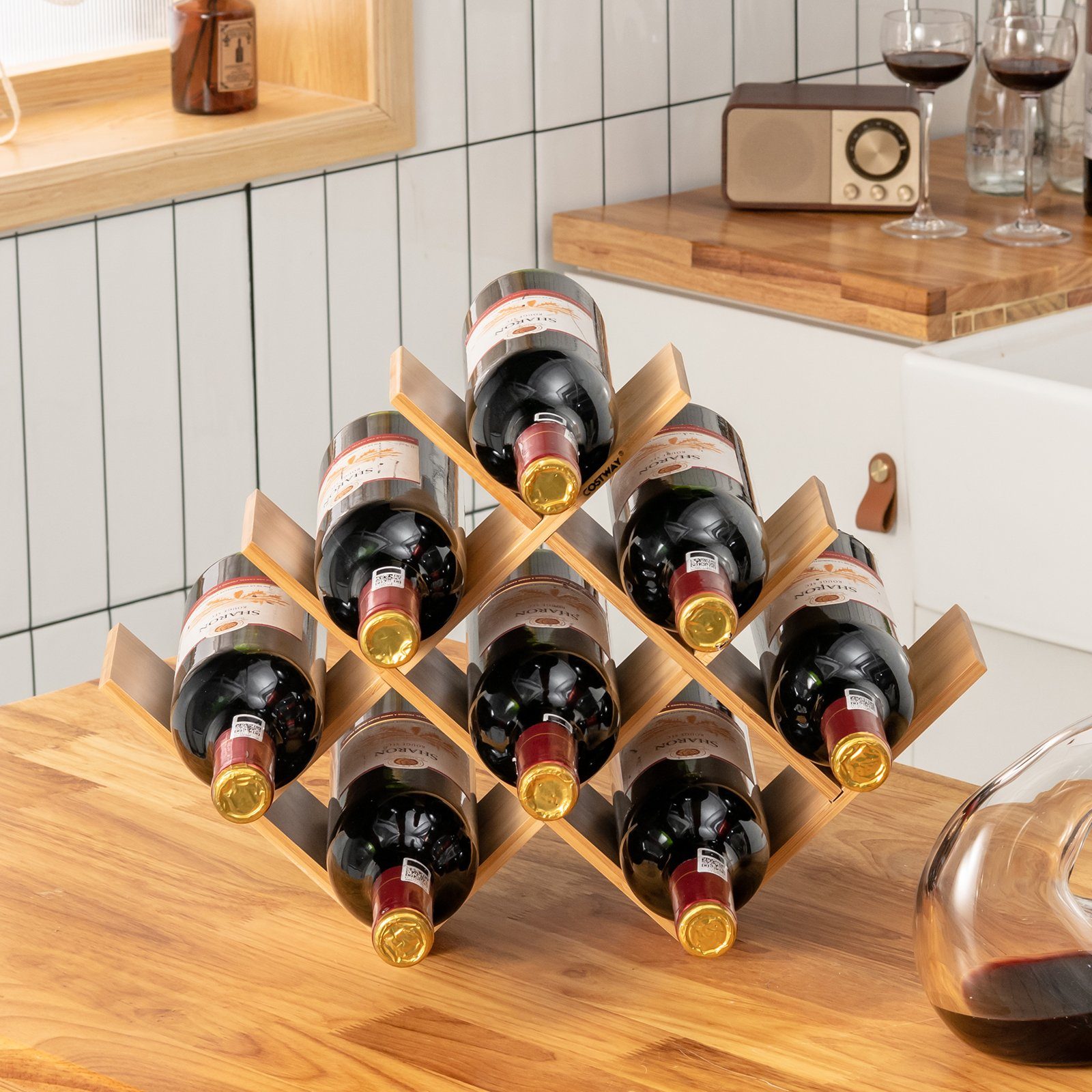 COSTWAY Weinregal Flaschenregal Weinständer, 8 Flaschen aus Bambus