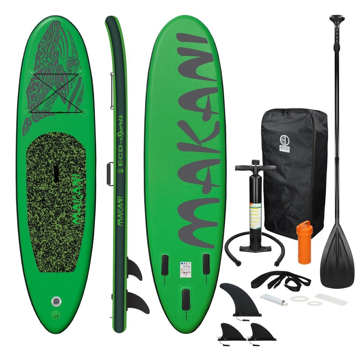 ECD Germany SUP-Board Aufblasbares Stand Up Paddle Board Makani Surfboard, Grün 320x82x15cm PVC bis 150kg Pumpe Tragetasche Zubehör