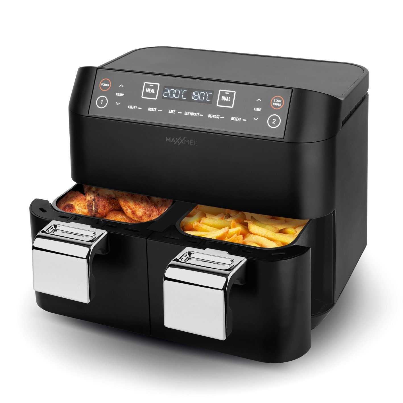 MAXXMEE Heißluftfritteuse Doppelkorb - 2x 3,8 l - 6 Programme Fritteuse, 2400 W, ohne Öl, 2 unanbhängige Garzonen