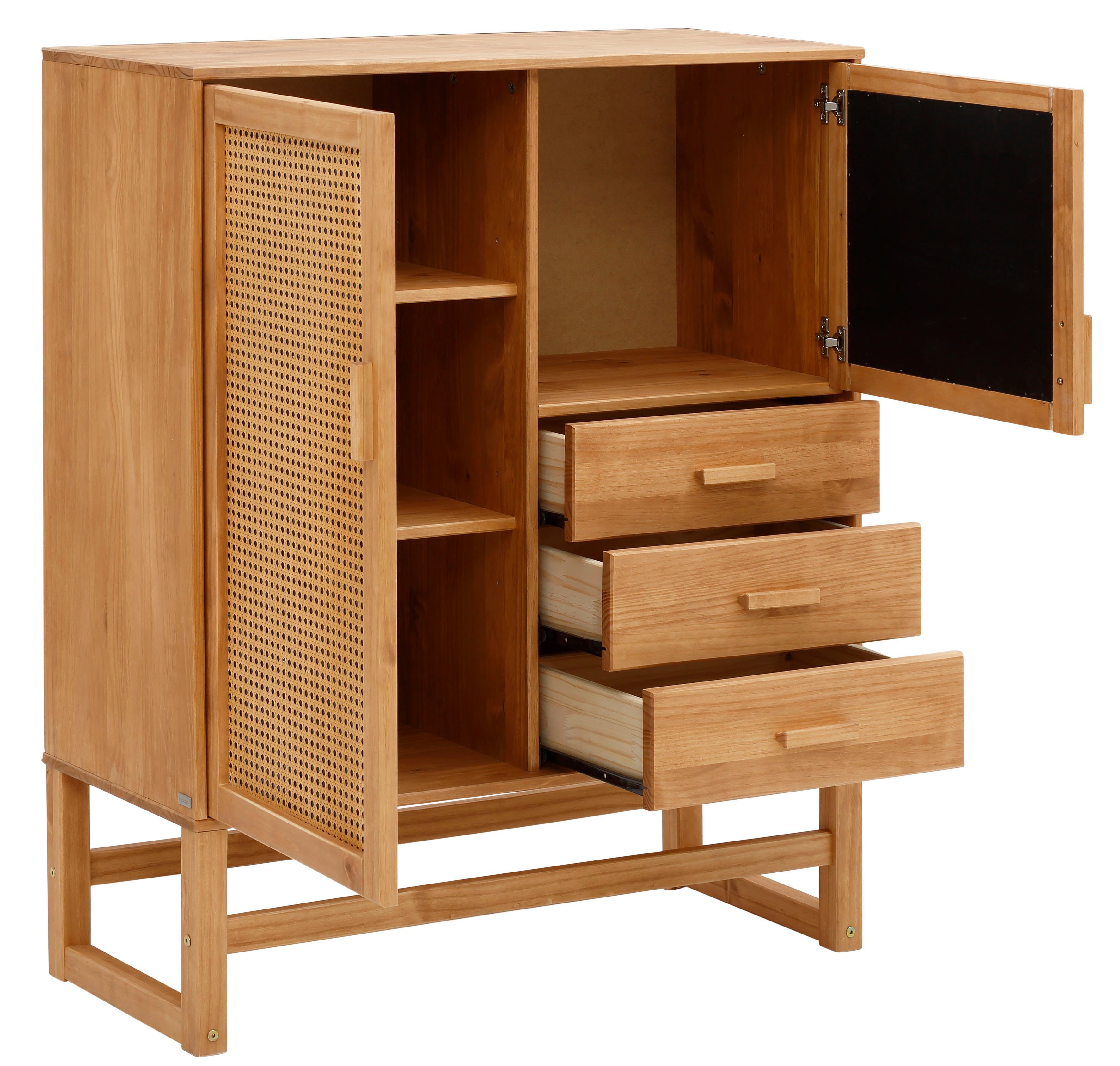 Home affaire Highboard, mit Rattangeflecht auf den Türfronten, Massivholz, zwei Farbvarianten