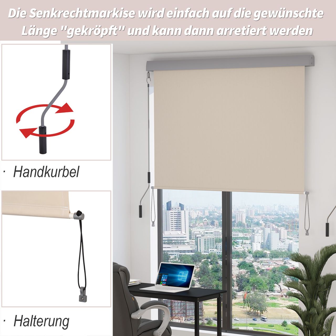 Outsunny Senkrechtmarkise Balkonmarkise Seitenrollo Sichtschutz mit Handkurbel Cremeweiß 100 x 140 cm