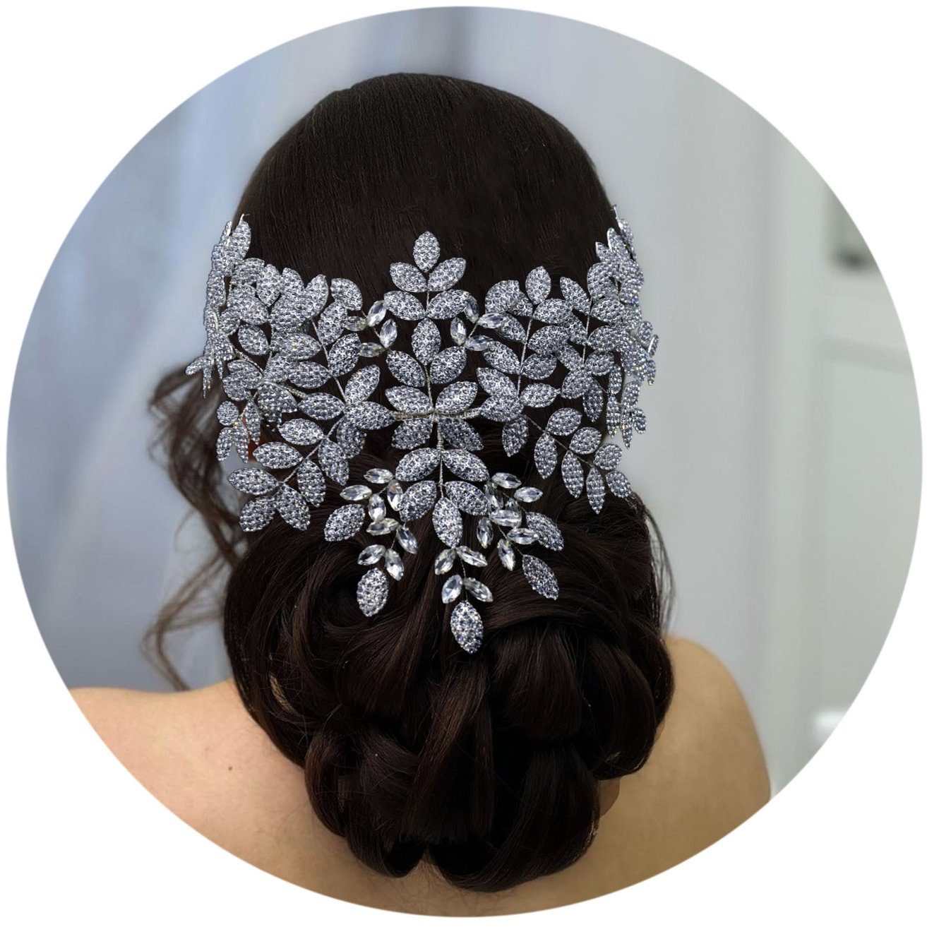 HOHEA H Haarband Kristall-Stirnband, Hochzeits-Haarschmuck, Braut-Haarschmuck, 1-tlg., Silberner Haarschmuck, Brauthaarnadeln, Kristallkrone, Silberne Kristall-Haarranke mit Blumenblatt-Haarschmuck