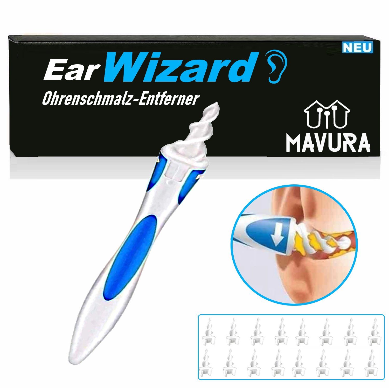 MAVURA Ohrenreiniger EarWizard Ohrenschmalz Entferner Ohren Reiniger Spirale, Ohrwachsentfernung Wattestäbchen Ersatz