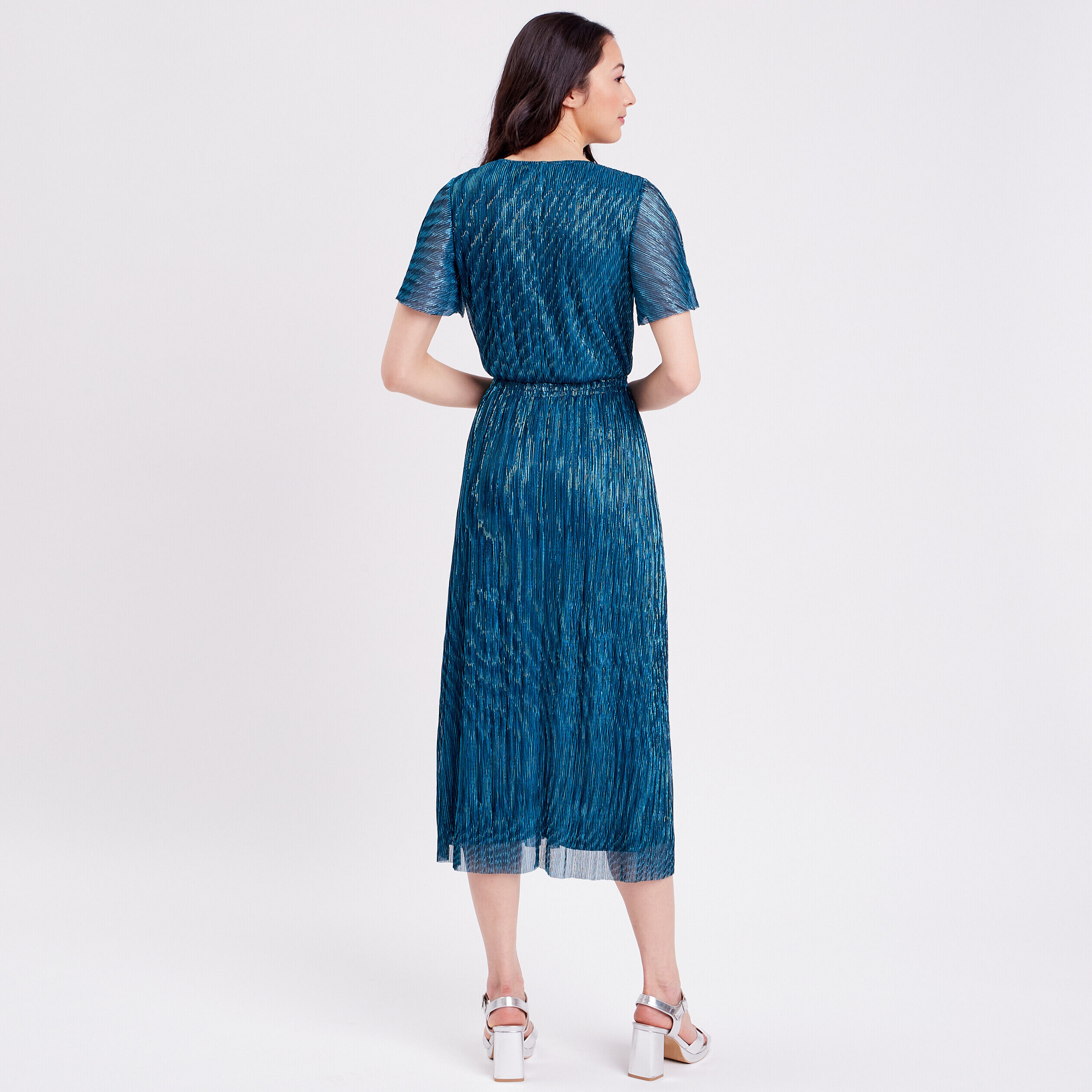 Robe longue évasée plissée bleu canard femme | Cache Cache