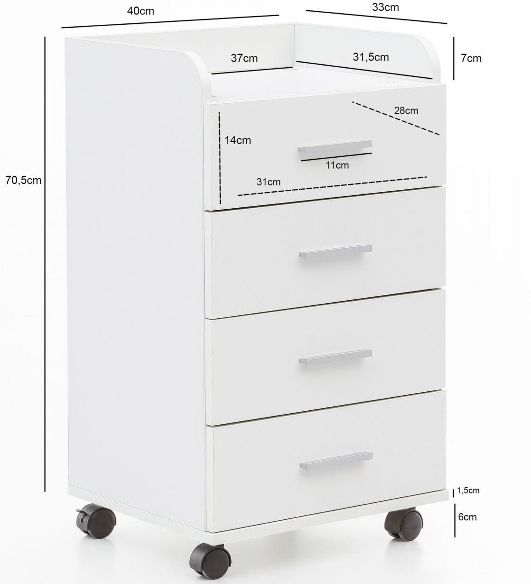 Wohnling Rollcontainer 40 x 70,5 x 33 cm Weiß