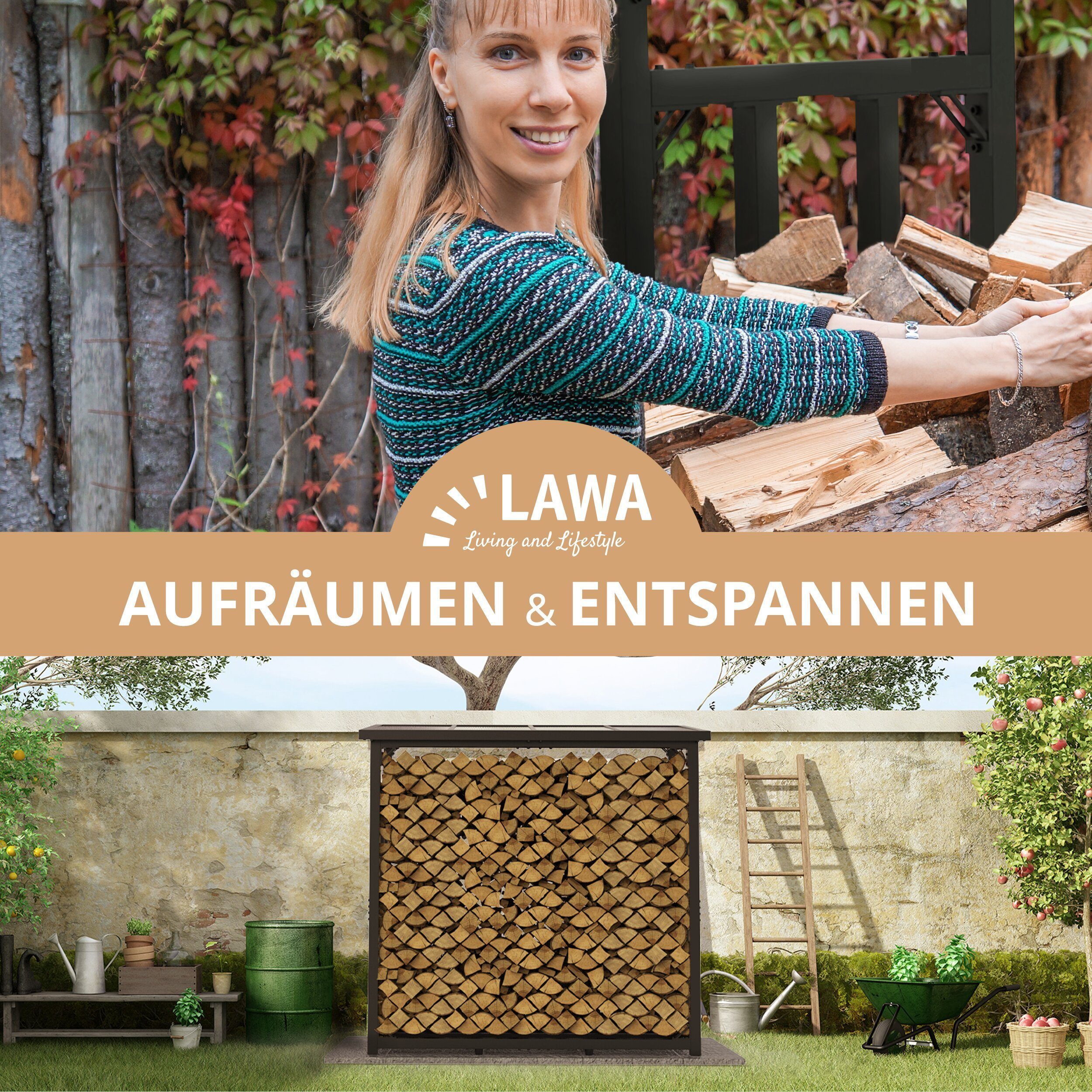 LAWA Living and Lifestyle Kaminholzregal Metall mit Dach VERZINKT Feuerholzregal außen Stapelhilfe Brennholz, BxTxH:188x70x188 cm, (Kaminholzunterstand, Brennholzregal), Stahl, 3t, für ca. 2,3³ RM, schwarz, schwere Qualität