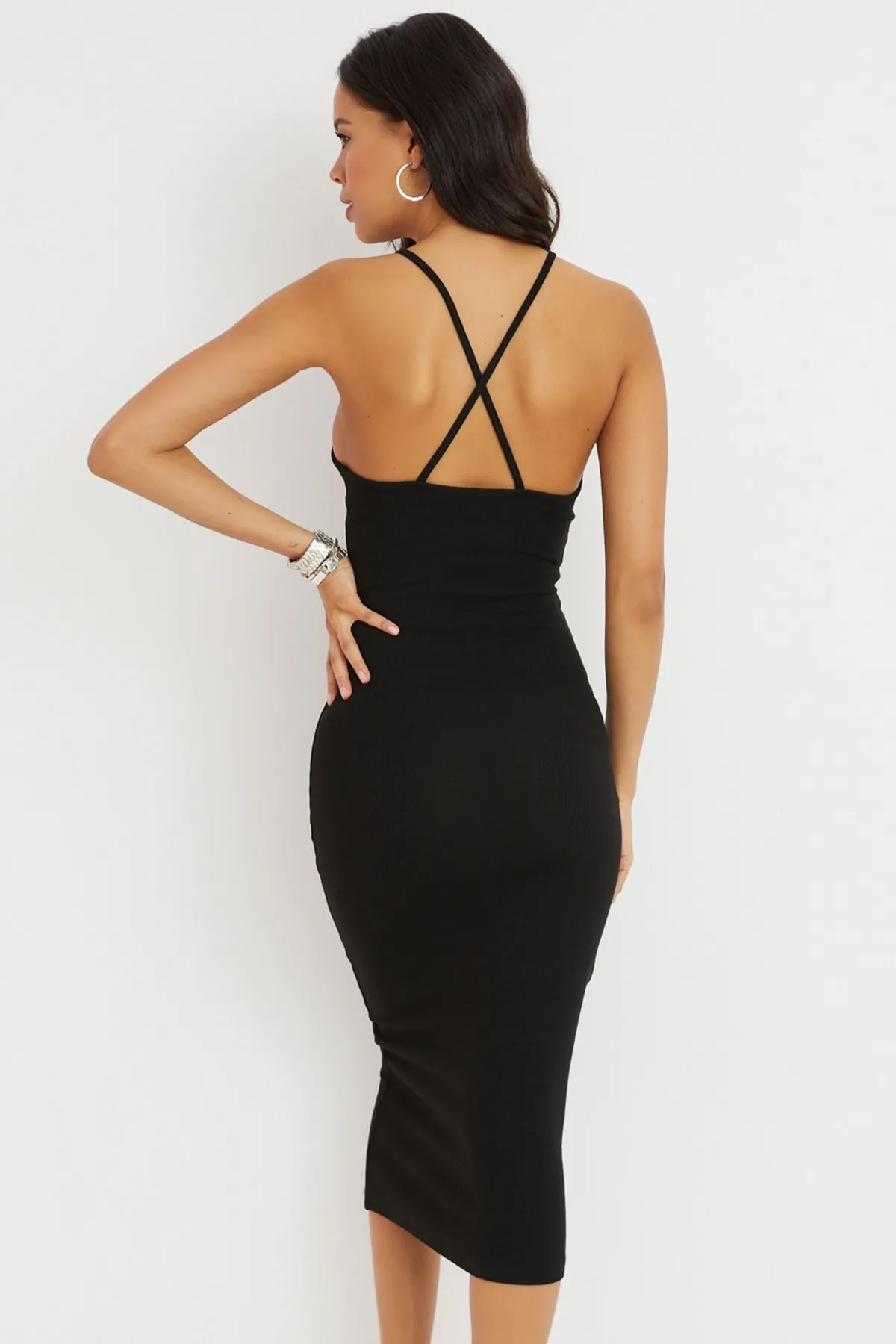 Cool & Sexy  Schwarzes Camisole-Maxikleid mit überkreuztem Rücken für Damen Yİ2218